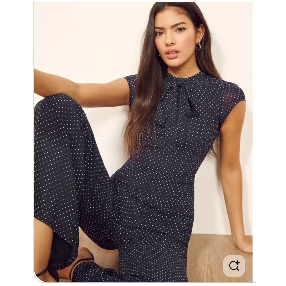 Reformation Elaine Navy Blue Polka Dot Mock Neck Wide Leg Jumpsuit - 2 - Picture 2 of 10